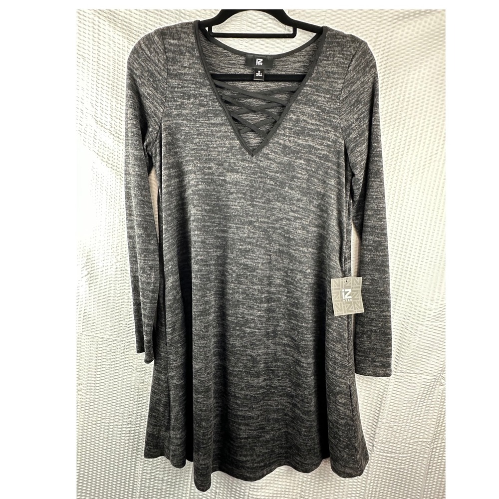IZ Byer Women's Black Crisscross V-Neck Long Sleeve A-Line Dress MEDIUM NWT